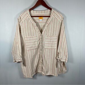 Ruby Rd XL Linen Cotton Striped Button Front Shirt 3/4 Sleeve Coastal Casual
